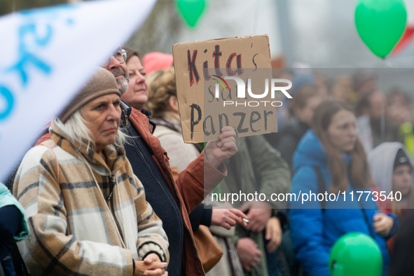 Thousands of public sector workers rally in Duesseldorf, Germany, on November 13, 2024, against state government budget cuts on public secto...