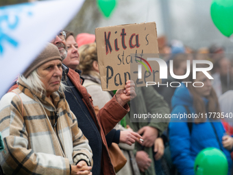 Thousands of public sector workers rally in Duesseldorf, Germany, on November 13, 2024, against state government budget cuts on public secto...