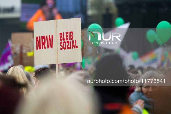 Thousands of public sector workers rally in Duesseldorf, Germany, on November 13, 2024, against state government budget cuts on public secto...