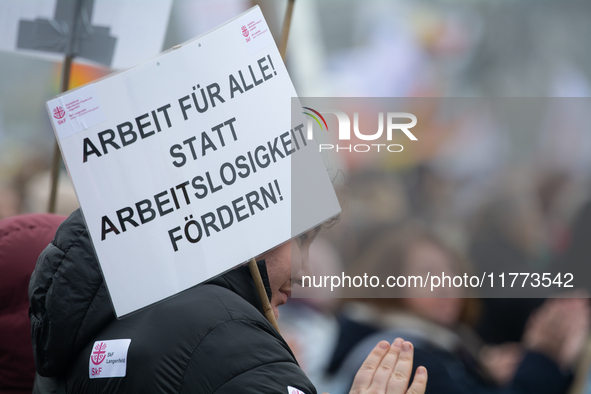 Thousands of public sector workers rally in Duesseldorf, Germany, on November 13, 2024, against state government budget cuts on public secto...