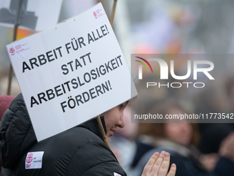 Thousands of public sector workers rally in Duesseldorf, Germany, on November 13, 2024, against state government budget cuts on public secto...