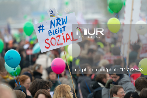 Thousands of public sector workers rally in Duesseldorf, Germany, on November 13, 2024, against state government budget cuts on public secto...