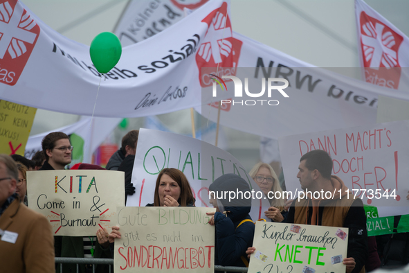 Thousands of public sector workers rally in Duesseldorf, Germany, on November 13, 2024, against state government budget cuts on public secto...