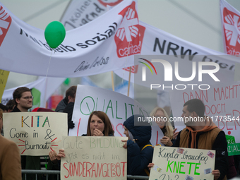 Thousands of public sector workers rally in Duesseldorf, Germany, on November 13, 2024, against state government budget cuts on public secto...