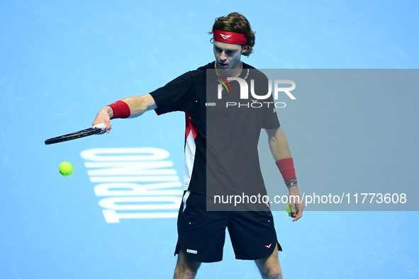 Andrej Rublev competes during the Nitto ATP Finals 2024 Group B match between Carlos Alcaraz and Andrej Rublev at Inalpi Arena in Milan, Ita...