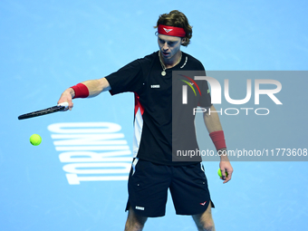 Andrej Rublev competes during the Nitto ATP Finals 2024 Group B match between Carlos Alcaraz and Andrej Rublev at Inalpi Arena in Milan, Ita...