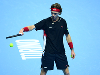 Andrej Rublev competes during the Nitto ATP Finals 2024 Group B match between Carlos Alcaraz and Andrej Rublev at Inalpi Arena in Milan, Ita...