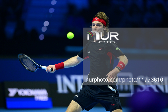 Andrej Rublev competes during the Nitto ATP Finals 2024 Group B match between Carlos Alcaraz and Andrej Rublev at Inalpi Arena in Milan, Ita...