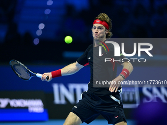 Andrej Rublev competes during the Nitto ATP Finals 2024 Group B match between Carlos Alcaraz and Andrej Rublev at Inalpi Arena in Milan, Ita...