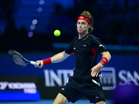 Andrej Rublev competes during the Nitto ATP Finals 2024 Group B match between Carlos Alcaraz and Andrej Rublev at Inalpi Arena in Milan, Ita...