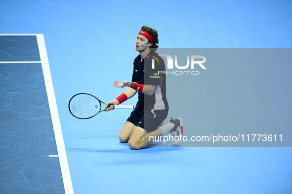 Andrej Rublev competes during the Nitto ATP Finals 2024 Group B match between Carlos Alcaraz and Andrej Rublev at Inalpi Arena in Milan, Ita...