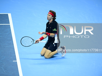 Andrej Rublev competes during the Nitto ATP Finals 2024 Group B match between Carlos Alcaraz and Andrej Rublev at Inalpi Arena in Milan, Ita...