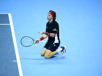 Andrej Rublev competes during the Nitto ATP Finals 2024 Group B match between Carlos Alcaraz and Andrej Rublev at Inalpi Arena in Milan, Ita...