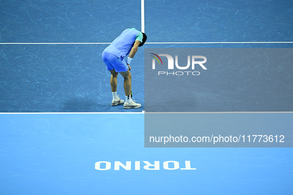 Carlos Alcaraz competes during the Nitto ATP Finals 2024 Group B match against Andrej Rublev at Inalpi Arena in Milan, Italy, on November 13...