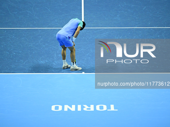 Carlos Alcaraz competes during the Nitto ATP Finals 2024 Group B match against Andrej Rublev at Inalpi Arena in Milan, Italy, on November 13...