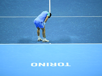 Carlos Alcaraz competes during the Nitto ATP Finals 2024 Group B match against Andrej Rublev at Inalpi Arena in Milan, Italy, on November 13...