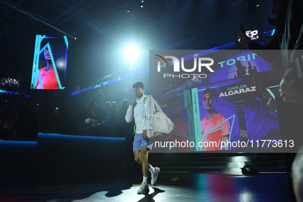 Carlos Alcaraz walks during the Nitto ATP Finals 2024 Group B match between Carlos Alcaraz and Andrej Rublev at Inalpi Arena in Milan, Italy...