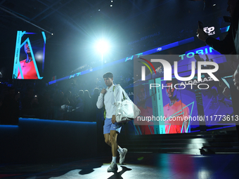 Carlos Alcaraz walks during the Nitto ATP Finals 2024 Group B match between Carlos Alcaraz and Andrej Rublev at Inalpi Arena in Milan, Italy...