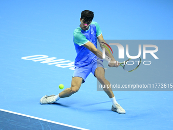 Carlos Alcaraz competes during the Nitto ATP Finals 2024 Group B match against Andrej Rublev at Inalpi Arena in Milan, Italy, on November 13...