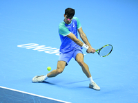 Carlos Alcaraz competes during the Nitto ATP Finals 2024 Group B match against Andrej Rublev at Inalpi Arena in Milan, Italy, on November 13...