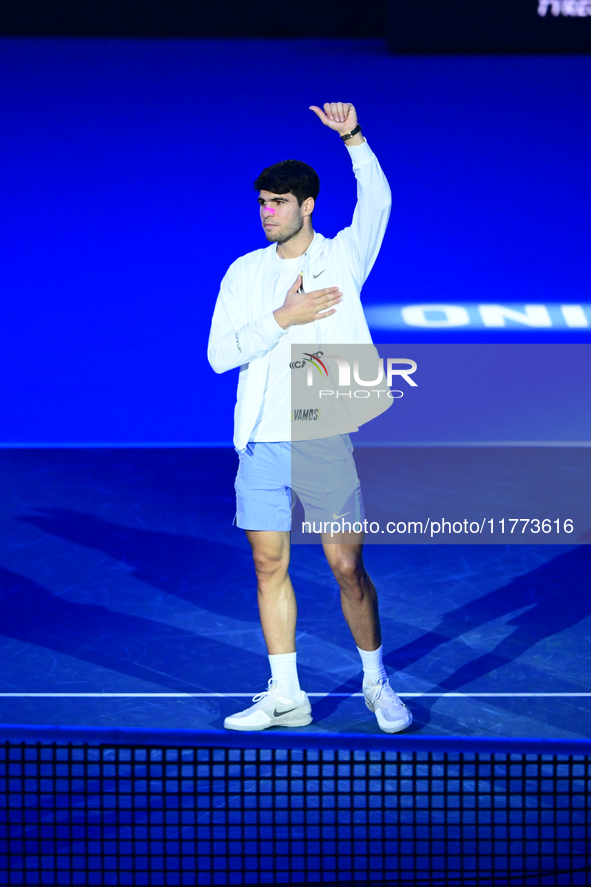 Carlos Alcaraz and Andrej Rublev compete in the Nitto ATP Finals 2024 Group B match at Inalpi Arena in Milan, Italy, on November 13, 2024. 