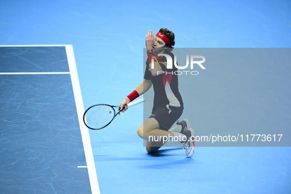 Andrej Rublev competes during the Nitto ATP Finals 2024 Group B match between Carlos Alcaraz and Andrej Rublev at Inalpi Arena in Milan, Ita...