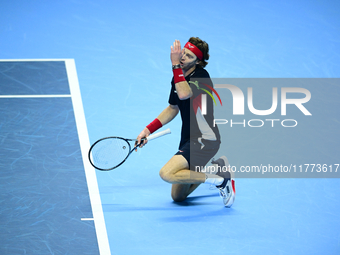 Andrej Rublev competes during the Nitto ATP Finals 2024 Group B match between Carlos Alcaraz and Andrej Rublev at Inalpi Arena in Milan, Ita...