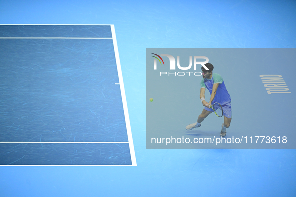 Carlos Alcaraz competes during the Nitto ATP Finals 2024 Group B match against Andrej Rublev at Inalpi Arena in Milan, Italy, on November 13...