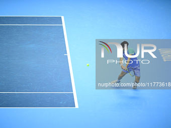 Carlos Alcaraz competes during the Nitto ATP Finals 2024 Group B match against Andrej Rublev at Inalpi Arena in Milan, Italy, on November 13...