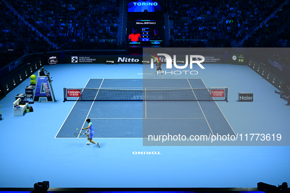 Andrej Rublev and Carlos Alcaraz compete during the Nitto ATP Finals 2024 Group B match at Inalpi Arena in Milan, Italy, on November 13, 202...