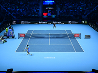 Andrej Rublev and Carlos Alcaraz compete during the Nitto ATP Finals 2024 Group B match at Inalpi Arena in Milan, Italy, on November 13, 202...