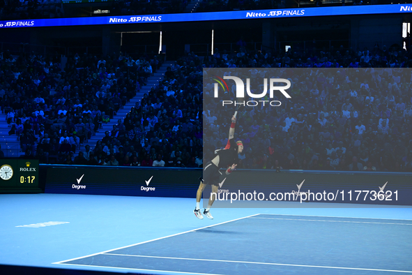 Andrej Rublev competes during the Nitto ATP Finals 2024 Group B match between Carlos Alcaraz and Andrej Rublev at Inalpi Arena in Milan, Ita...