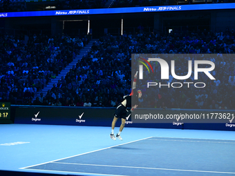 Andrej Rublev competes during the Nitto ATP Finals 2024 Group B match between Carlos Alcaraz and Andrej Rublev at Inalpi Arena in Milan, Ita...