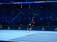 Andrej Rublev competes during the Nitto ATP Finals 2024 Group B match between Carlos Alcaraz and Andrej Rublev at Inalpi Arena in Milan, Ita...