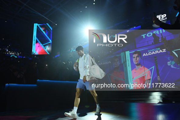 Carlos Alcaraz walks during the Nitto ATP Finals 2024 Group B match between Carlos Alcaraz and Andrej Rublev at Inalpi Arena in Milan, Italy...