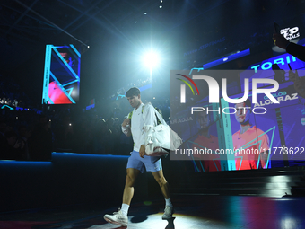 Carlos Alcaraz walks during the Nitto ATP Finals 2024 Group B match between Carlos Alcaraz and Andrej Rublev at Inalpi Arena in Milan, Italy...