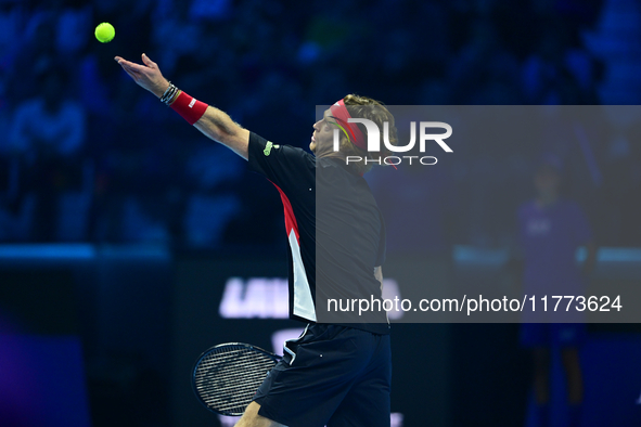 Andrej Rublev competes during the Nitto ATP Finals 2024 Group B match between Carlos Alcaraz and Andrej Rublev at Inalpi Arena in Milan, Ita...