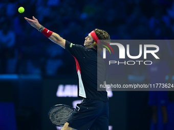 Andrej Rublev competes during the Nitto ATP Finals 2024 Group B match between Carlos Alcaraz and Andrej Rublev at Inalpi Arena in Milan, Ita...