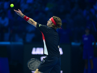 Andrej Rublev competes during the Nitto ATP Finals 2024 Group B match between Carlos Alcaraz and Andrej Rublev at Inalpi Arena in Milan, Ita...