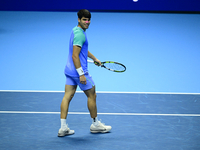 Carlos Alcaraz competes during the Nitto ATP Finals 2024 Group B match against Andrej Rublev at Inalpi Arena in Milan, Italy, on November 13...