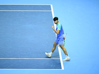 Carlos Alcaraz competes during the Nitto ATP Finals 2024 Group B match against Andrej Rublev at Inalpi Arena in Milan, Italy, on November 13...