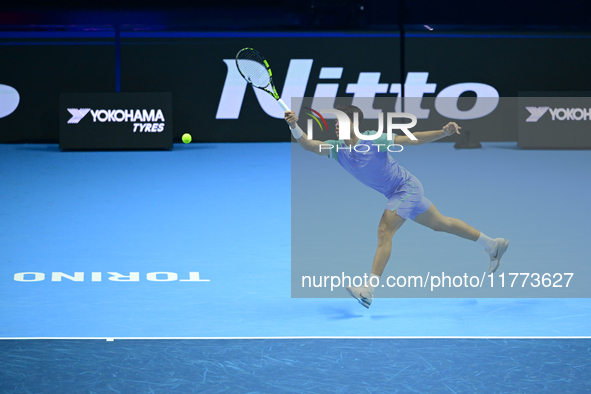 Carlos Alcaraz competes during the Nitto ATP Finals 2024 Group B match against Andrej Rublev at Inalpi Arena in Milan, Italy, on November 13...