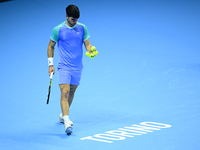 Carlos Alcaraz competes during the Nitto ATP Finals 2024 Group B match against Andrej Rublev at Inalpi Arena in Milan, Italy, on November 13...