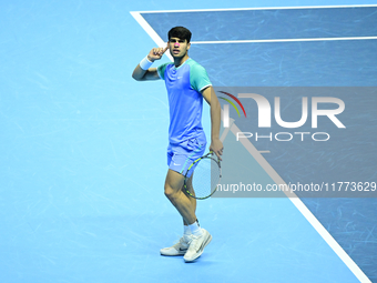 Carlos Alcaraz competes during the Nitto ATP Finals 2024 Group B match against Andrej Rublev at Inalpi Arena in Milan, Italy, on November 13...