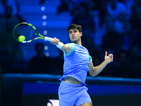 Carlos Alcaraz competes during the Nitto ATP Finals 2024 Group B match against Andrej Rublev at Inalpi Arena in Milan, Italy, on November 13...