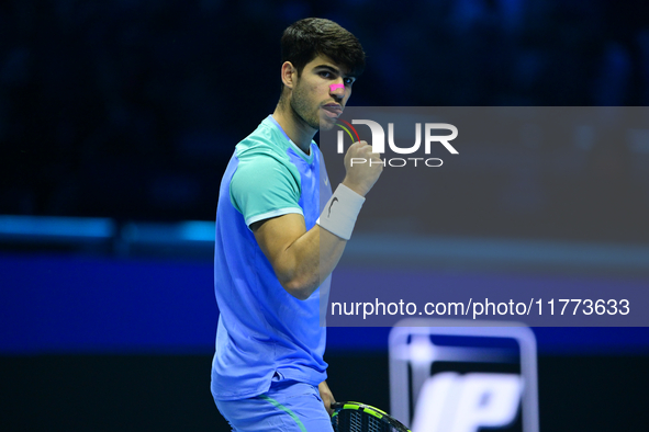 Carlos Alcaraz competes during the Nitto ATP Finals 2024 Group B match against Andrej Rublev at Inalpi Arena in Milan, Italy, on November 13...