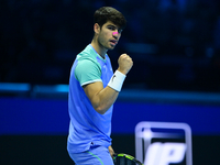 Carlos Alcaraz competes during the Nitto ATP Finals 2024 Group B match against Andrej Rublev at Inalpi Arena in Milan, Italy, on November 13...