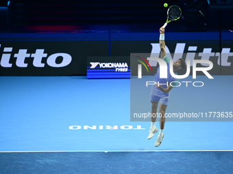 Carlos Alcaraz competes during the Nitto ATP Finals 2024 Group B match against Andrej Rublev at Inalpi Arena in Milan, Italy, on November 13...