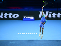 Carlos Alcaraz competes during the Nitto ATP Finals 2024 Group B match against Andrej Rublev at Inalpi Arena in Milan, Italy, on November 13...