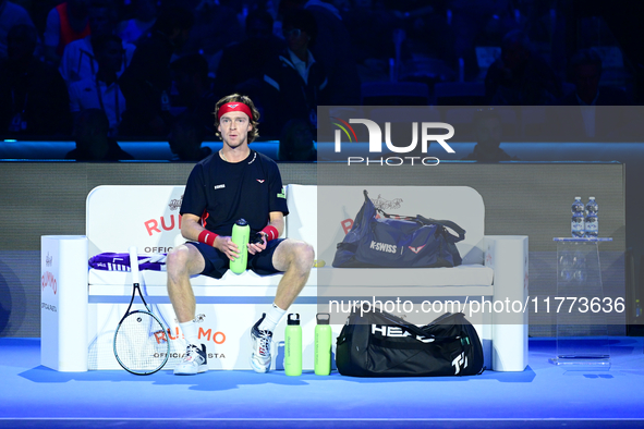 Andrej Rublev competes during the Nitto ATP Finals 2024 Group B match between Carlos Alcaraz and Andrej Rublev at Inalpi Arena in Milan, Ita...